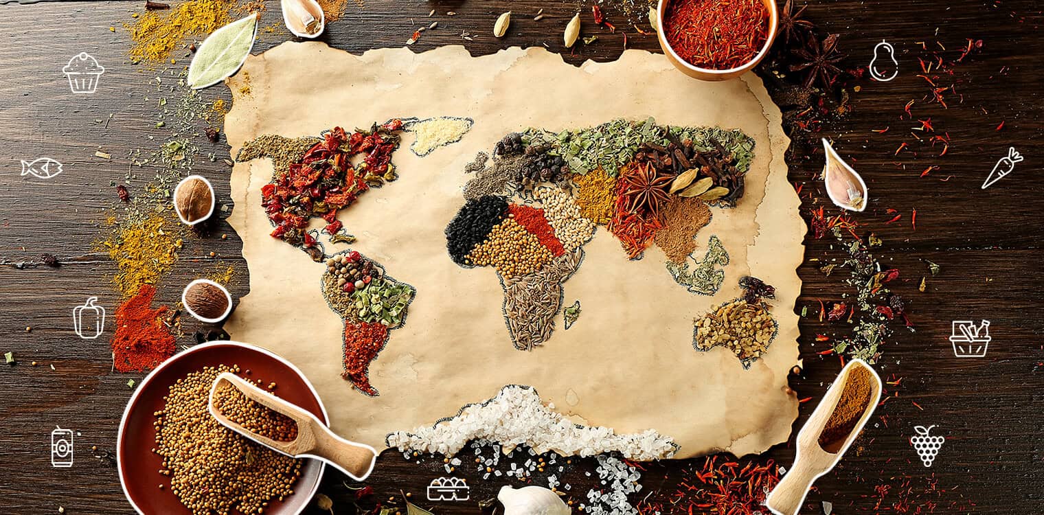 Global food sourcing network represented through spices and ingredients